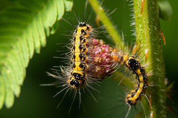 Two caterpillars on the flower of mimosa plant