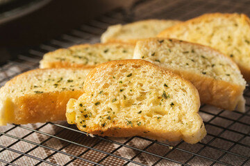 Slices of toasted bread with garlic and herbs