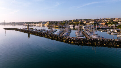 Aerial view of a lake town on a beautiful quiet morning 