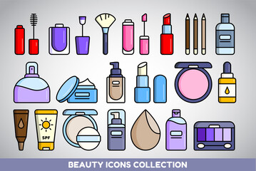 Beauty Icons Set. Collection of flat makeup and cosmetics icons in lineal color style. Set of 20 icons.