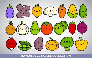 Kawaii vegetables set. Collection of 20 kawaii icons in lineal color style. Cute cartoon vegetables. Healthy food concept.