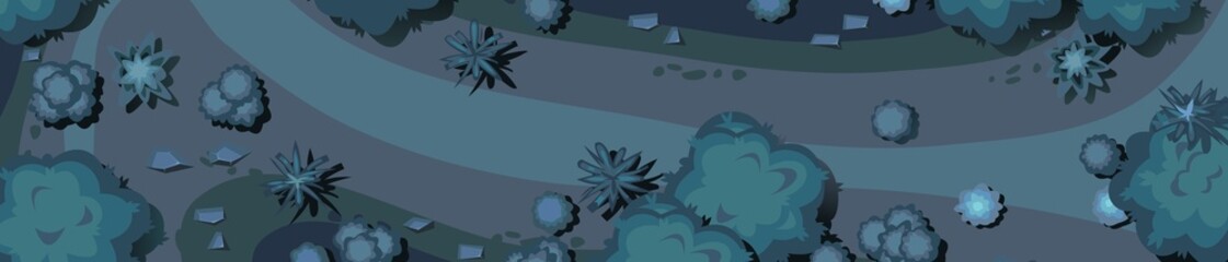 Night plant landscape top view. Wild forest trees and bushes. Dark twilight garden. Illustration in flat design. Vector