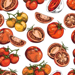 Seamless colorful pattern with tomatoes hand drawn vector illustration isolated.