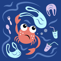 Stop ocean plastic pollution. Sad crab among plastic bags and dishes in the sea. Marine character in hand drawn style. Vector illustration.