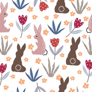 Seamless cute pattern with tulips, rabbits, flowers and grass on a white background.
