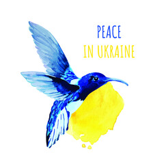 Peace in Ukraine. Watercolor hand painted Bird and Spot. Blue and Yellow National Ukrainian Colors on white background