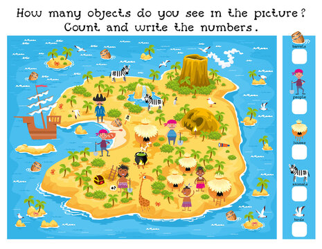 How much game for kids. Island map with sea and palm trees, treasures and chests, huts, mountain, waterfall, cave sea and ship. Vector illustration.