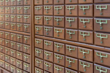 Wooden filing cabinet for document or cards and library accounting in past centuries