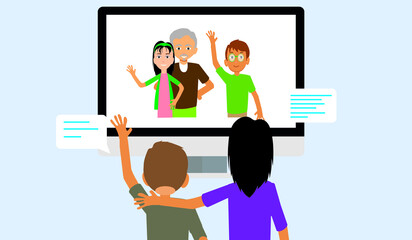 Internet communication of Senior elderly people using computer. Old men and women stay home and have online meeting on Quarantine Isolation. Flat or cartoon character vector illustration.
