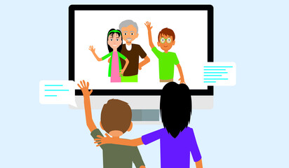 Internet communication of Senior elderly people using computer. Old men and women stay home and have online meeting on Quarantine Isolation. Flat or cartoon character vector illustration.
