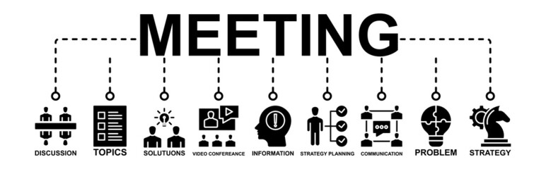 Vector Illustration Of Meeting Banner Web Icon For Business Meeting And Discussion With Communication, Topic, Solution, Plan, Information, problem, Strategy Planning And Video Conferencing Icons