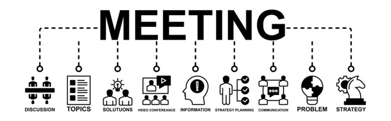 Vector Illustration Of Meeting Banner Web Icon For Business Meeting And Discussion With Communication, Topic, Solution, Plan, Information, problem, Strategy Planning And Video Conferencing Icons
