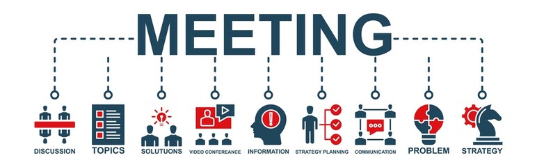 Vector Illustration Of Meeting Banner Web Icon For Business Meeting And Discussion With Communication, Topic, Solution, Plan, Information, problem, Strategy Planning And Video Conferencing Icons