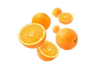 Orange with cut in half levitate isolated on white background.