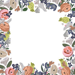 Vector floral frame. Roses and peonies arranged in border on white background