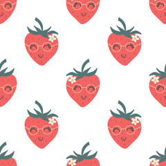 Strawberry creative seamless pattern. Funny red characters with happy faces. Vector cartoon illustration in simple hand drawn scandinavian style. Ideal for printing baby products.
