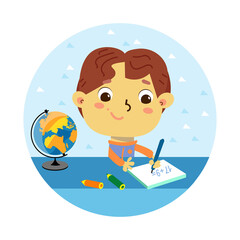 Little boy study, do homework. Cute cartoon character. Vector illustration for posters, children book design.