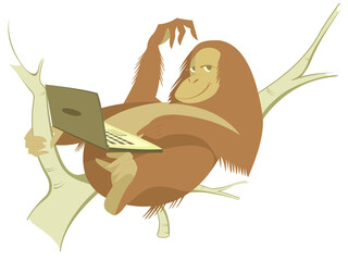 Cartoon smiling monkey lying on the tree with notebook	