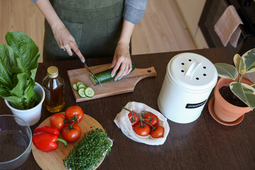 Young asian vegan woman cutting vegetables in the kitchen. Compost bucket. Eco friendly person. Flat lay