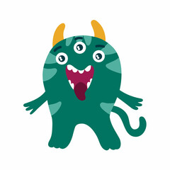Cute cartoon monster. Aliens monsters. Colorful green funny animals for Halloween. Children baby vector illustration on white background.