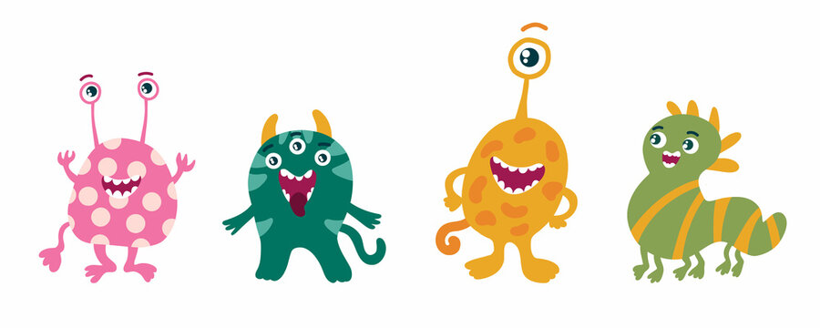 Cute cartoon monster characters. Aliens monsters. Colorful green funny animals for Halloween. Children baby vector illustration on white background.