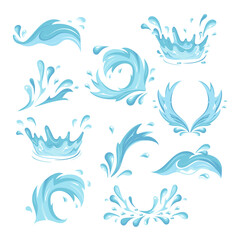 Splashes of water and blue waves. Vector set