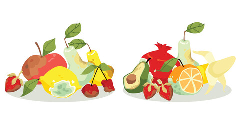 Compositions of assorted old, bad, stale, spoiled rotten fruits in flat vector - obrazy, fototapety, plakaty