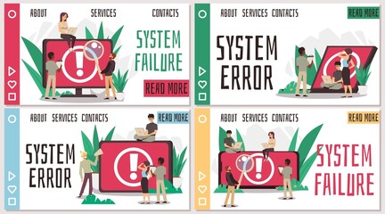 System crash and error warning website interfaces set, flat vector illustration.