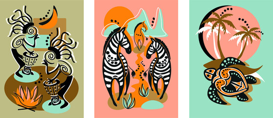 Vector set of posters with African themes. Plants, animals, abstract forms and landscape.