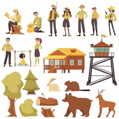 Male and female park rangers and forest guards in uniform, vector clipart isolated. Wood cabin, fire lookout tower. - obrazy, fototapety, plakaty