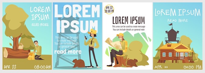 Fototapeta premium Female Ranger works at the National Park or forest, cartoon vector illustration. Ranger Cabin and Wildfires Department.