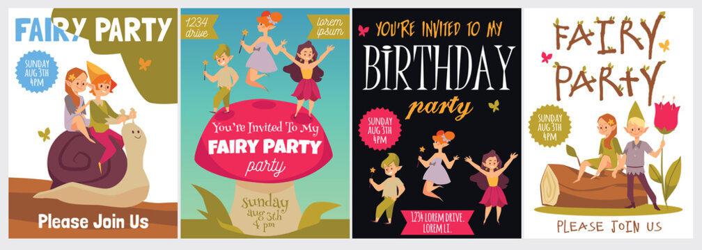 Fairy birthday party for children, invitation posters template with cute pixies, cartoon flat vector illustration.