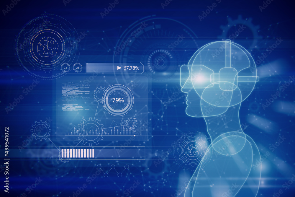 Aufkleber Creative blue guy or robot outline with VR glasses on blurry bokeh backdrop with charts and various icons. Virtual reality and metaverse concept. 3D Rendering.