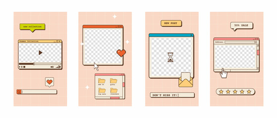 Set of stories templates in vaporwave style. Nostalgic design of social media posts. Retro 80s 90s aesthetic backdrops, groovy backgrounds with old computer user interface. Vector illustration.