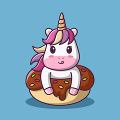 Fototapeta premium Cute cartoon unicorn with sweet donut, vector cartoon illustration, cartoon clipart