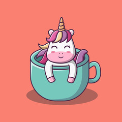 Cute cartoon unicorn in a cup,  vector cartoon illustration, cartoon clipart