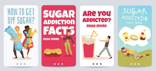 Sugar addiction problematic posters or banners set, flat vector illustration.