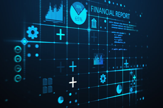 Abstract glowing blue financial report hologram on dark background. Business, finance, technology and growth concept. 3D Rendering.