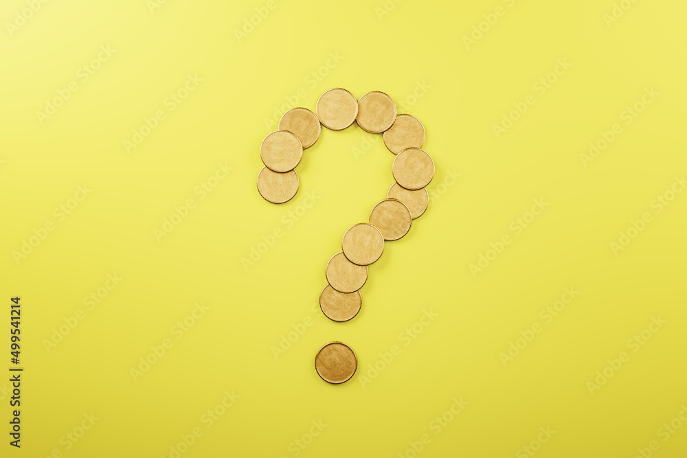 Poster Abstract creative golden coin question mark on yellow background with mock up place. Money, uncertainty and crisis concept. 3D Rendering.