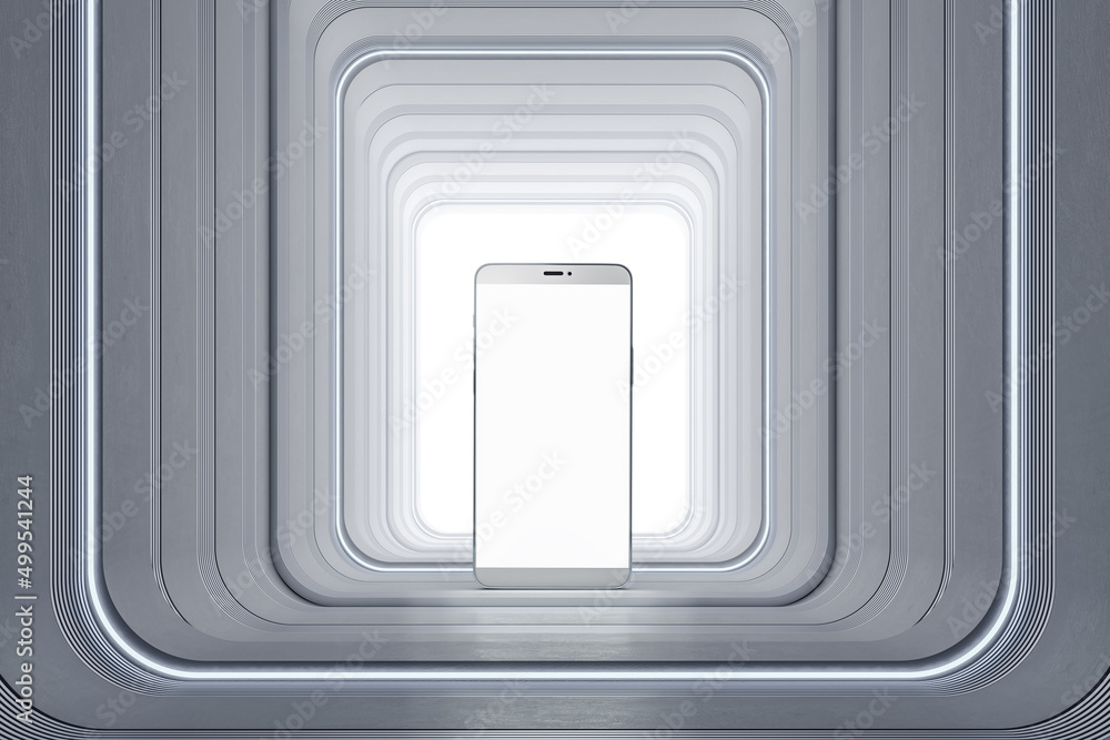 Aufkleber Close up of empty white mobile phone on light pedestal background. Presentation and mock up concept. 3D Rendering.