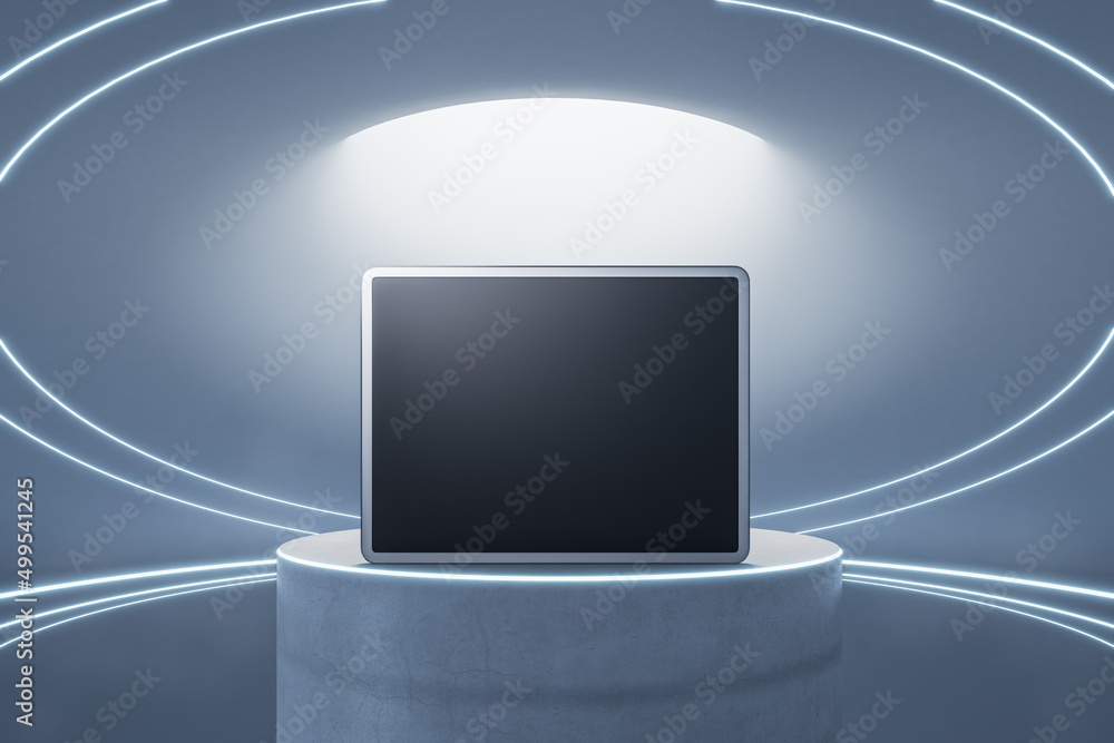 Poster Close up of empty tablet on light pedestal background. Presentation and mock up concept. 3D Rendering.