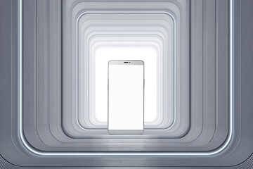 Close up of empty white mobile phone on light pedestal background. Presentation and mock up concept. 3D Rendering.