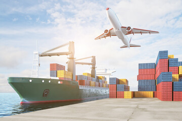 Import, export and business logistic concept with cargo plane in the air, container shipment and transportation of international container cargo ship. 3D rendering