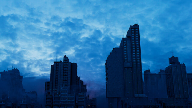 Constructivist Metropolis. Soviet Modernist Architecture against a Dusk Evening Sky.
