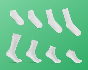 White blank socks 3d mockup. Different types of ribbed socks, on foot and flat lying. Realistic shadowed set of socks.
