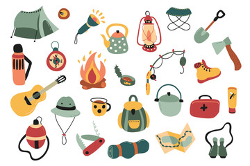 Cute hand drawn camping set. White background, isolate. Vector illustration.
