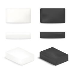 Black soap bar in black paper wrap 3D vector mockup, top, side and three quarter view. White soap to make identity.