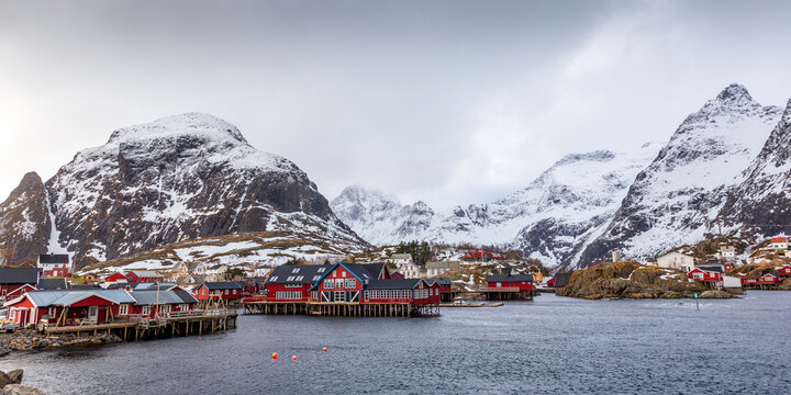 Moskenes Norway 02-28-2022. Old traditional fisherman's house  called Rorbu at Moskenes in Lofoten islands. Norway.