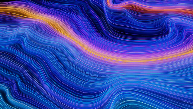 Blue, Turquoise and Orange Colored Streaks form Colorful Swoosh Background. 3D Render.