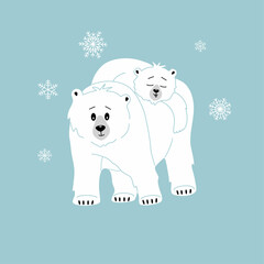 Polar bear family, mom and baby. Wild northern animals. Cute characters in cartoon style for kids. Hand drawn vector illustration isolated on blue background with snowflakes. Modern trendy flat style.